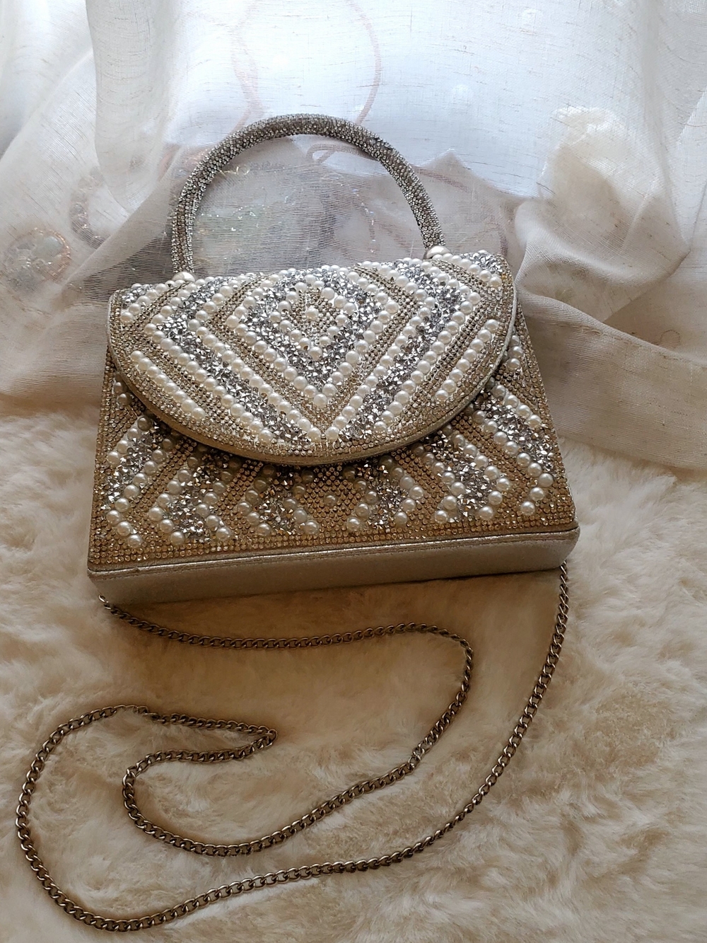 Embellished Silver Evening Top-Handle Bag